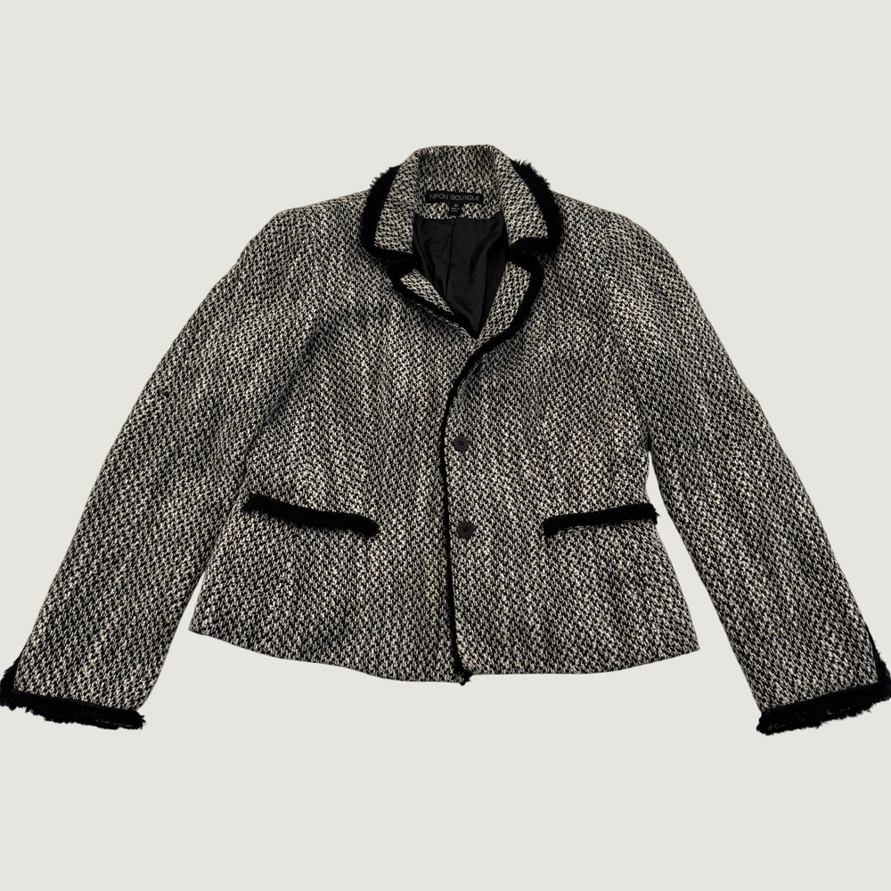 Nipon Boutique Womens Size 10 Black White Boucle Tweed Blazer Silk Trim